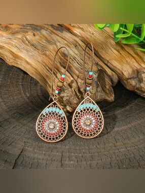 Bohemian Turquoise & Copper Teardrop Earrings - Unbranded